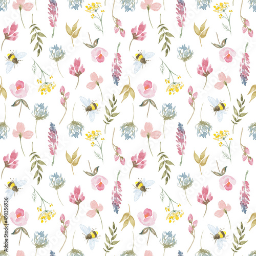 Wallpaper Mural Watercolor botanical seamless pattern wild flowers and garden plants. Hand drawn leaves, pink flowers, herbs and natural elements. For decorations, scrapbooking, cards for birthday, party,baby shower. Torontodigital.ca