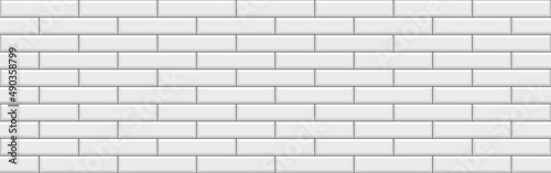 Tile subway. Seamless brick wall. Metro background. White kitchen backsplash. Ceramic texture. Apron faience pattern. Cement print. Vintage rectangle brickwall. Old stone surface. Vector illustration.