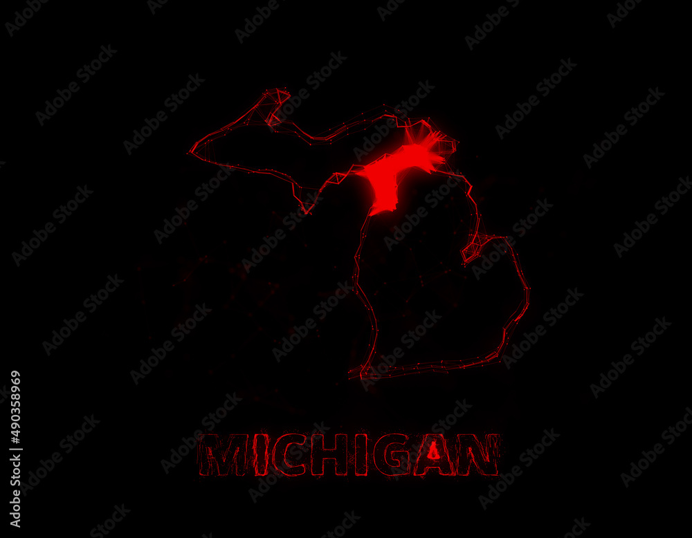 Plexus flat map showing the state of Michigan from the United State of America on black background. USA. Plexus map of Michigan