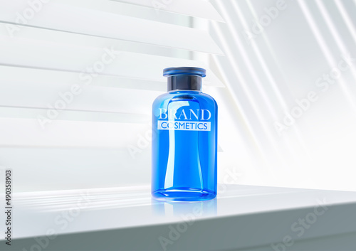 Cosmetics bottles mockup,  product line on table top with white Bamboo Blind background