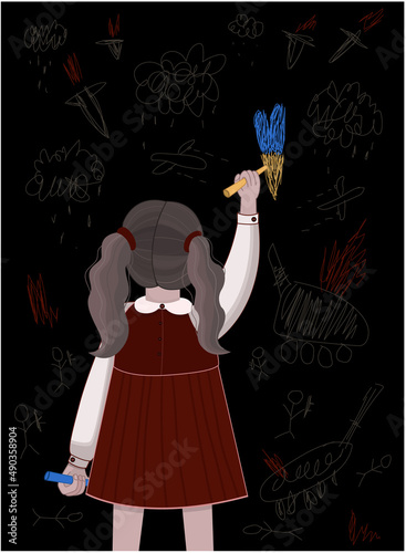 The Ukrainian little girl draws a heart with the colors of the flag of Ukraine with crayons on the wall. She draws war: tanks, missiles, planes and soldiers.No war. Pray for Ukraine concept vector 
