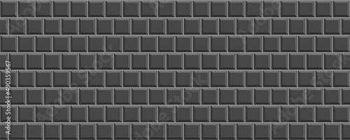 Tile subway wall. Seamless brick texture. Vintage black brickwall. Metro background. Ceramic pattern. Apron faience print. Cement print. Kitchen backsplash. Old stone surface. Vector illustration.