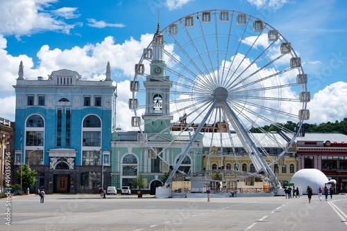 KYIV, UKRAINE, JULY, 2019: Ferris wheel at Kontraktova square in Kyiv, Ukraine
