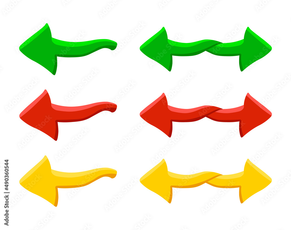 Colorful cartoon arrow icon sign, red, green, yellow flat 3d business infographic symbol design element, direction navigation isolated vector set, graphic web pointer cursor. Colorful cartoon arrow icon sign, red, green, yellow flat 3d business infographic symbol design element, direction navigation isolated vector set, graphic web pointer cursor.