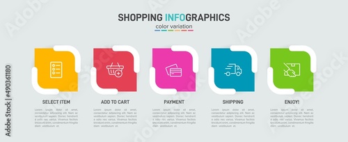 Concept of shopping process with 5 successive steps. Five colorful graphic elements. Timeline design for brochure, presentation, web site. Infographic design layout.