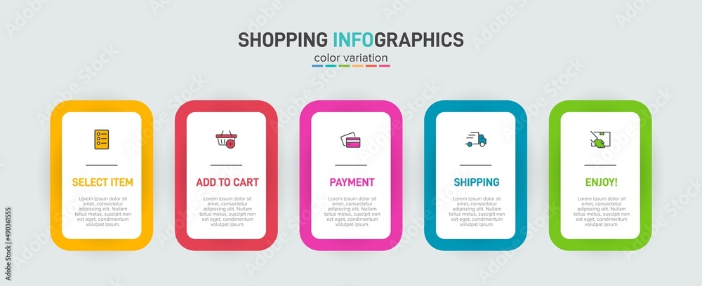 Concept of shopping process with 5 successive steps. Five colorful graphic elements. Timeline design for brochure, presentation, web site. Infographic design layout. Concept of shopping process with 5 successive steps. Five colorful graphic elements. Timeline design for brochure, presentation, web site. Infographic design layout.