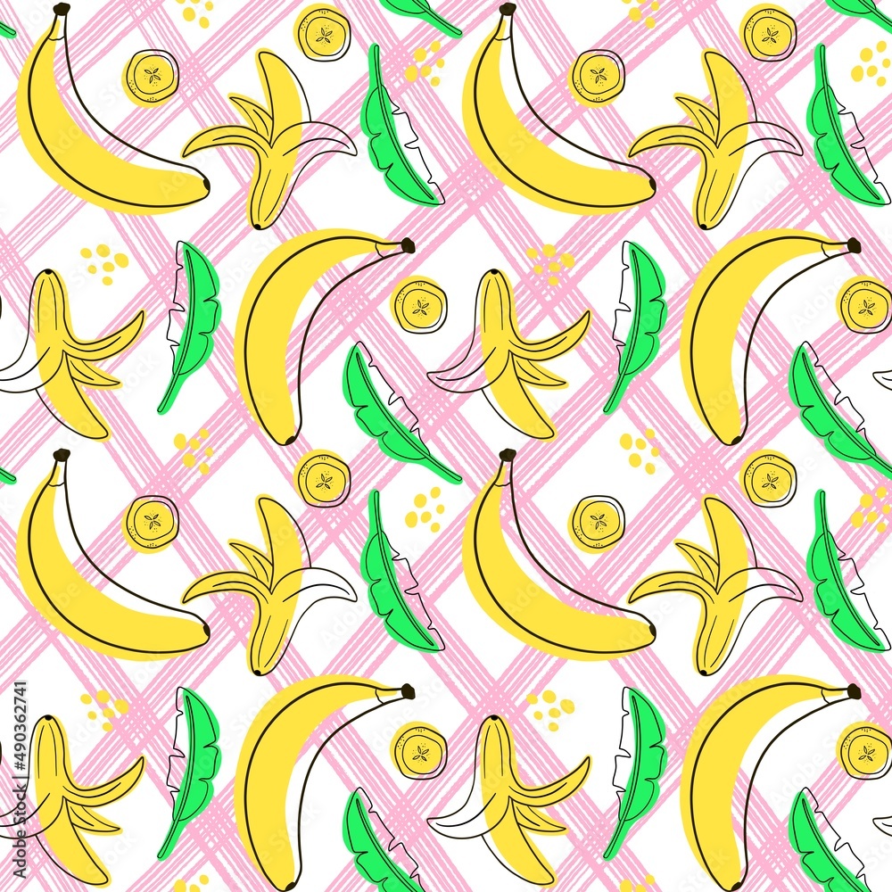 Pattern with bananas .The image of bananas and banana slices on different backgrounds.Line art style.Design for fabric,clothing,paper and other items.Digital illustration. Pattern with bananas .The image of bananas and banana slices on different backgrounds.Line art style.Design for fabric,clothing,paper and other items.Digital illustration.
