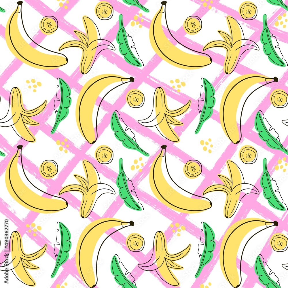 Pattern with bananas .The image of bananas and banana slices on different backgrounds.Line art style.Design for fabric,clothing,paper and other items.Digital illustration.