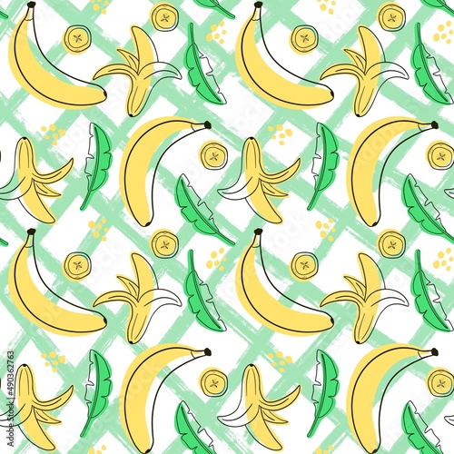 Pattern with bananas .The image of bananas and banana slices on different backgrounds.Line art style.Design for fabric clothing paper and other items.Digital illustration.