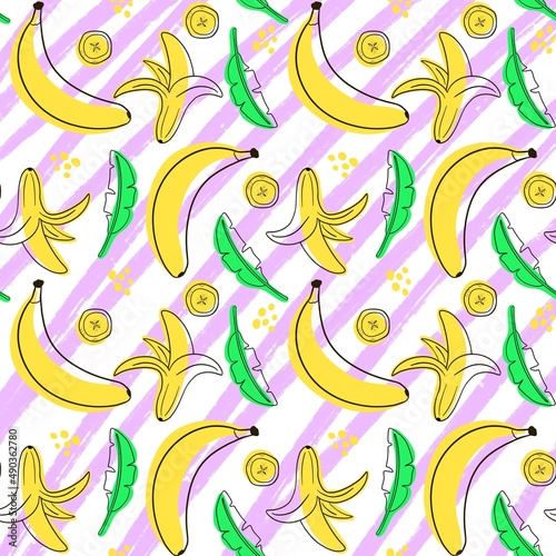 Pattern with bananas .The image of bananas and banana slices on different backgrounds.Line art style.Design for fabric clothing paper and other items.Digital illustration.