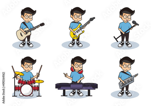 Bundle Set Illustration of Cute Boys Playing Music with Full Band Concept.. 