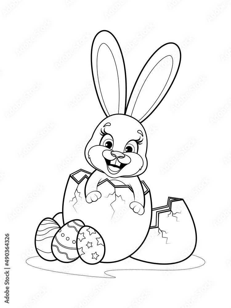 Obraz premium Coloring page. Cute rabbit sits in an egg with easter eggs