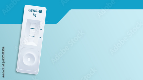 COVID-19 Antigen Fast Self Test Realistic 3d Device Illustration. Medical Corona Virus Nasal Swab Diagnostic Kit Vector Background Design Layout. Banner Template Text Space for Social Media. Isolated