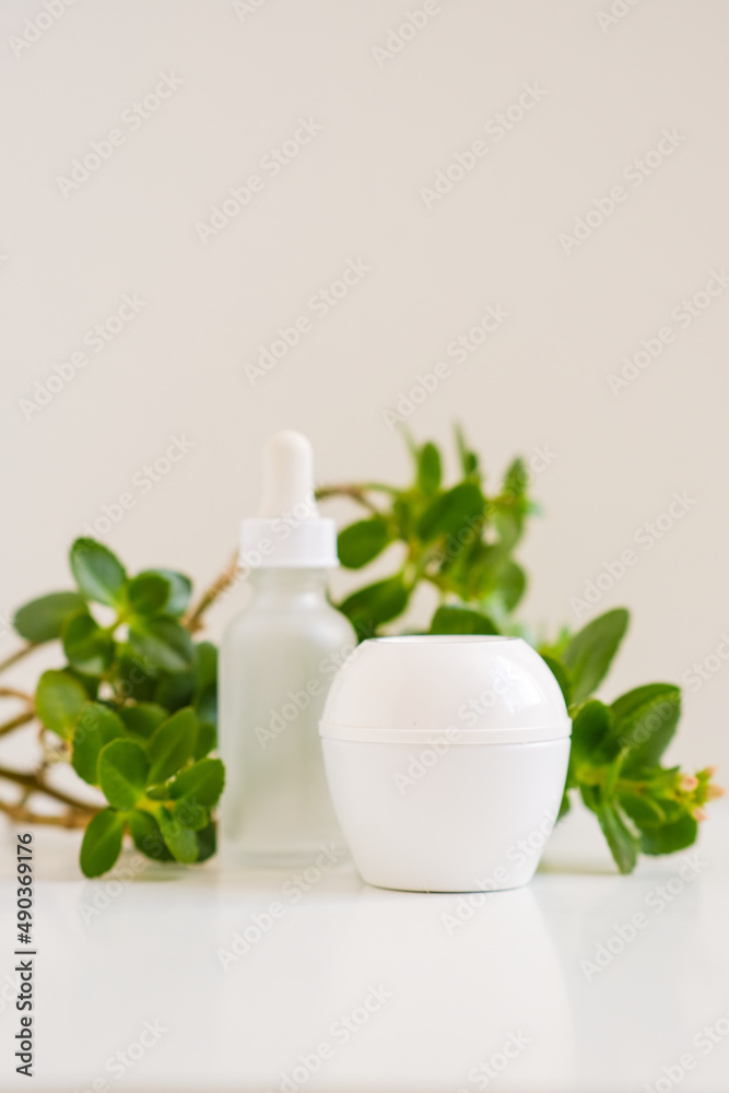White jar of cream and a bottle with dropper from serum on a white neutral natural light. Still life minimalistic beauty cosmetic template for beauty business and industry. Bright fresh green leaves. White jar of cream and a bottle with dropper from serum on a white neutral natural light. Still life minimalistic beauty cosmetic template for beauty business and industry. Bright fresh green leaves.