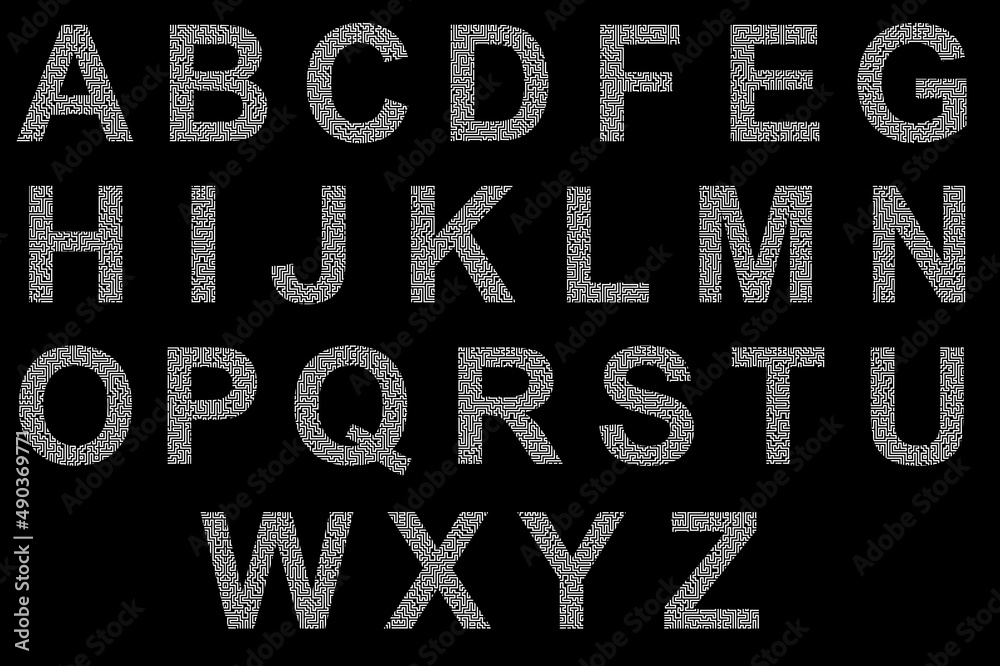 Latin (English) alphabet. Letters alphabet made of maze pattern isolated on black background.