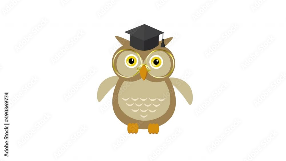 4K Animated wise owl wears graduation cap. Wise Brown Owl in Graduation Cap, Cute Bird Teacher Cartoon Animation Character. Graduation hat and smart owl design elements. Isolated on white background. 4K Animated wise owl wears graduation cap. Wise Brown Owl in Graduation Cap, Cute Bird Teacher Cartoon Animation Character. Graduation hat and smart owl design elements. Isolated on white background.