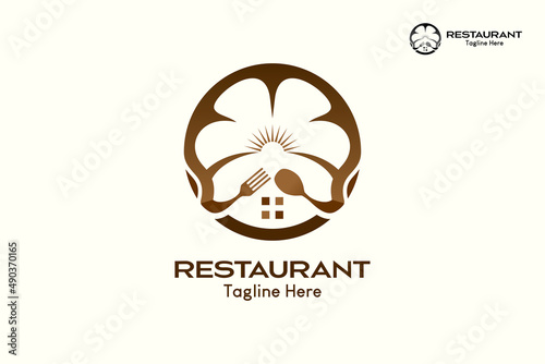 Restaurant logo with a creative concept, a chef's hat icon in the shape of a flower combined with a spoon and fork in a circle. Vector premium
