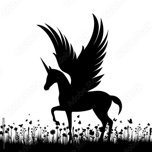 pegasus in the grass black silhouette isolated vector