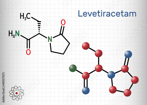 Levetiracetam molecule. It is pyrrolidine, anticonvulsant medication used to treat epilepsy. Structural chemical formula, molecule model. Sheet of paper in a cage photo
