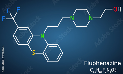 Fluphenazine molecule. It is is a phenothiazine, neuroleptic, antipsychotic medication, used in the treatment of psychoses. Structural chemical formula on the dark blue background