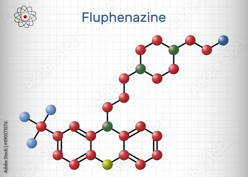 Fluphenazine molecule. It is is a phenothiazine, neuroleptic, antipsychotic medication, used in the treatment of psychoses. Molecule model. Sheet of paper in a cage