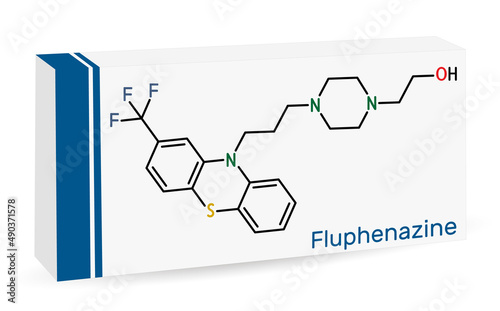 Fluphenazine molecule. It is is a phenothiazine, neuroleptic, antipsychotic medication, used in the treatment of psychoses. Skeletal chemical formula. Paper packaging for drugs