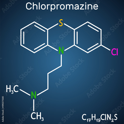 Chlorpromazine, CPZ molecule. Phenothiazine antipsychotic, used to treat nausea, anxiety, schizophrenia, bipolar disorder. Structural chemical formula, dark blue background