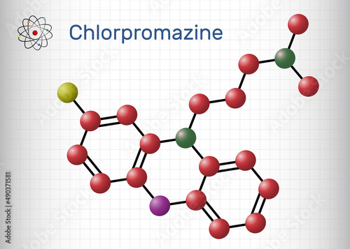 Chlorpromazine, CPZ molecule. Phenothiazine antipsychotic, used to treat nausea, vomiting, anxiety, schizophrenia, bipolar disorder. Molecule model. Sheet of paper in a cage photo