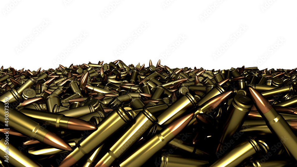 Pile of fire bullets or ammunition isolated background. 3d render - obrazy, fototapety, plakaty 