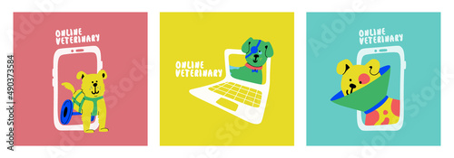 Set of vector illustrations. Veterinary online. Happy puppy in a wheelchair, medical eye patch. A disabled dog peeks out of a smartphone and laptop.