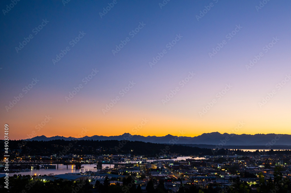 Sunset over the Olympic Mountains and Ballard in Seattle