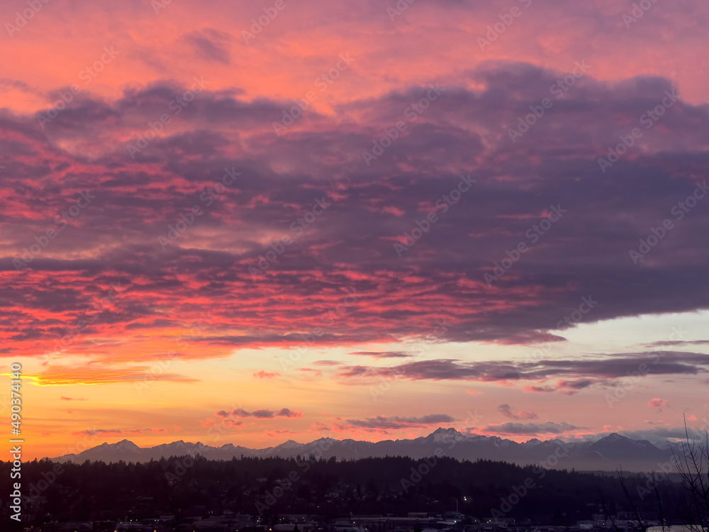 Sunset over the Olympic Mountains As Seen from Seattle