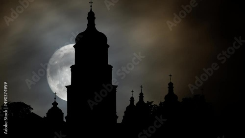 Saint Sophia Cathedral in Kiev, Time Lapse by Night with Full Moon, Kyiv, Ukraine photo