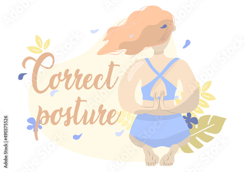 Cartoon correct posture woman sitting with hands behind the back isolated