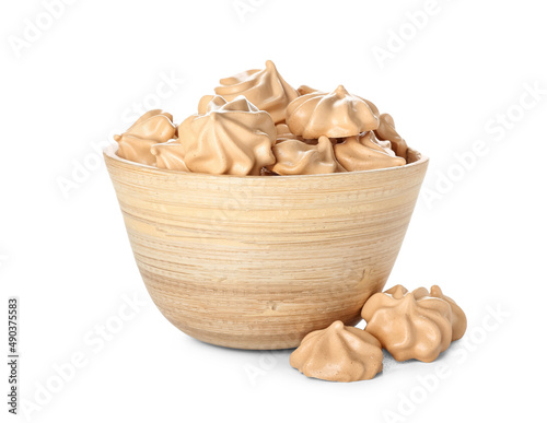 Bowl with tasty meringue on white background