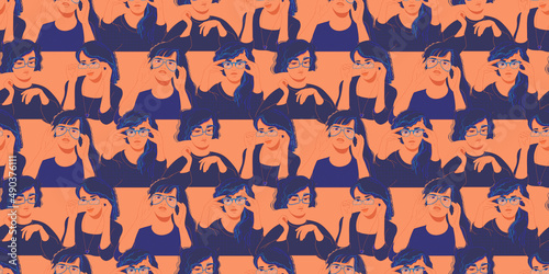 Young girls with glasses. Seamless pattern. Flat style. Vector illustration.