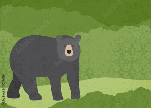 A black bear walking in nature, in a cut paper style with textures
