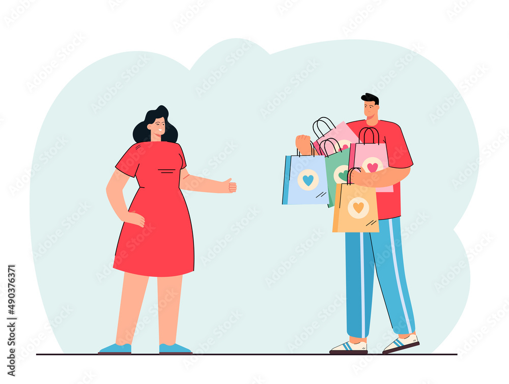 Husband carrying shopping bags for wife. Couple going shopping together flat vector illustration. Shopping, sale, marketing, love, family concept for banner, website design or landing web page Husband carrying shopping bags for wife. Couple going shopping together flat vector illustration. Shopping, sale, marketing, love, family concept for banner, website design or landing web page