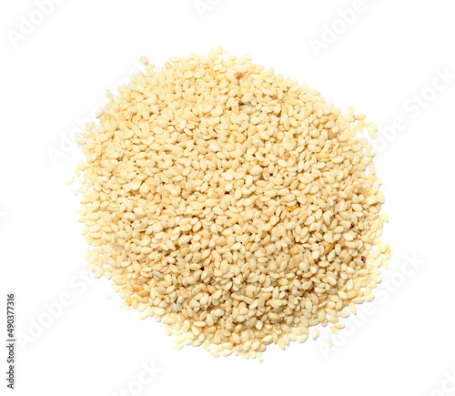 Heap of sesame seeds on white background