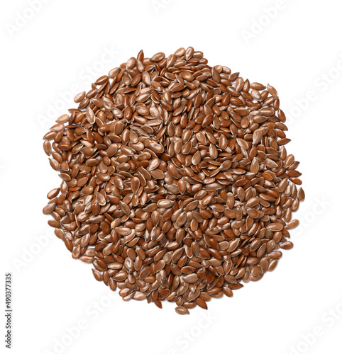 Heap of flax seeds isolated on white background