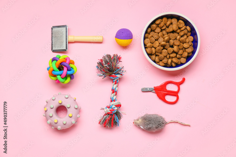 Set of pet care accessories with food on pink background