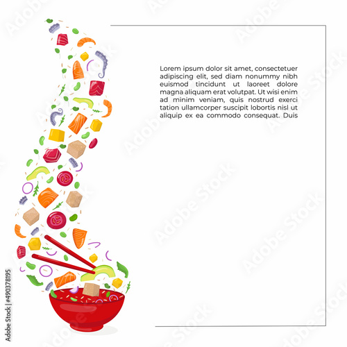 Healthy lunch creator - flying poke bowl ingredients with text. Natural food diet concept. Vector stock illustration for banner, menu fast food restaurant, isolated on white background. 