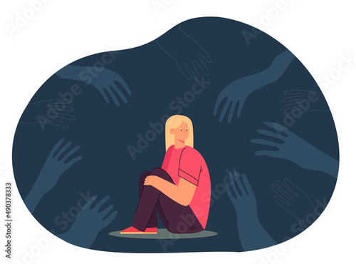 Spooky hands creeping towards sad girl sitting on floor. Depressed teenager scared of abuse flat vector illustration. Fear, bullying, violence concept for banner, website design or landing web page