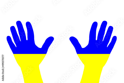 silhouette of hands with flag of Ukraine colors on white background copy space