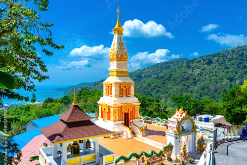 Buddah temple with beautiful views from top of mountain of Patong Phuket Thailand. 