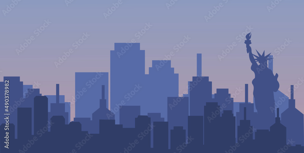 silhouette background resembling new york city in the night with the silhouette of the statue of liberty. background with dark purple color