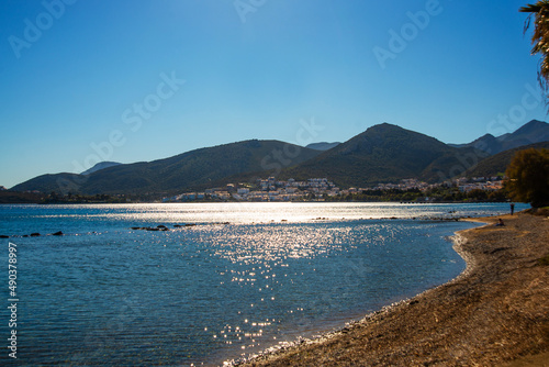 DATCA, TURKEY: Beautiful landscape with a view of the sea and the town of Datca on a sunny day.