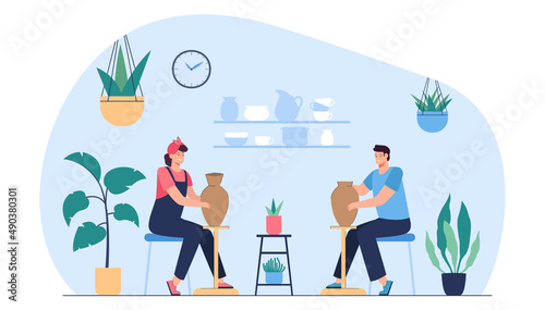 People making pottery at workshop flat vector illustration. Happy man and woman decorating ceramic or clay pots and earthenware in studio, enjoying hobby. Recreation, handcraft concept