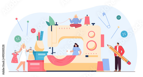 Tiny tailors on huge sewing machine flat vector illustration. Man and women creating outfits, apparel or garments together. Client fitting dresses. Fashion industry, job, business concept