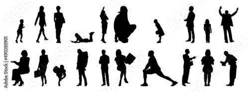 Vector silhouettes, Outline silhouettes of people, Contour drawing, people silhouette, Icon Set Isolated, Silhouette of sitting people, Architectural set	
